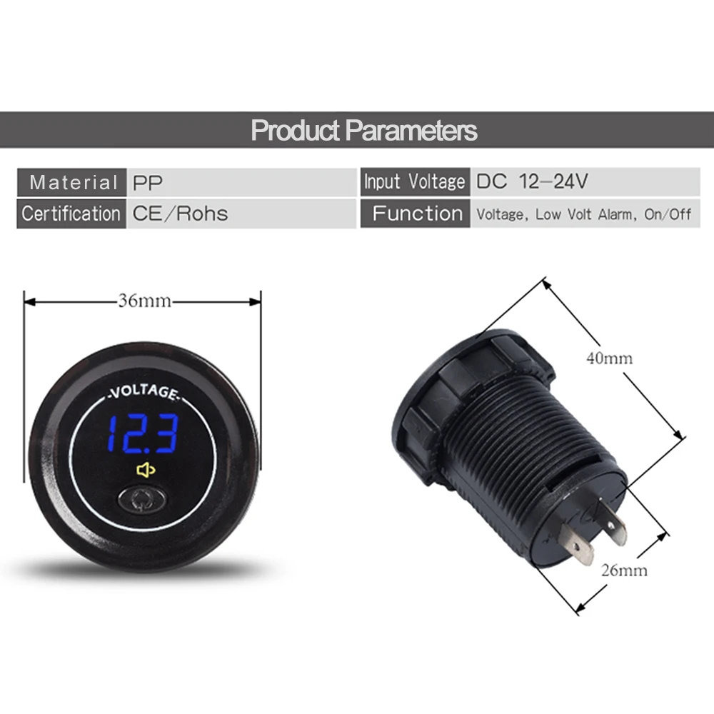 Waterproof Car DC 12V-24V LED Voltmeter Digital Display Voltage Meter with ON OFF Switch Low Voltage Voice Alarm Voltmeter