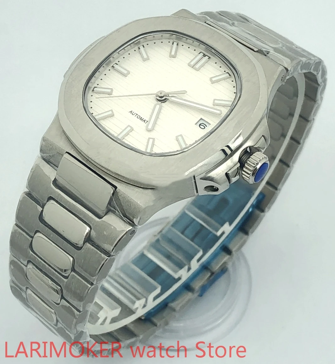 904L Roestvrij Stalen Band Armband Saffier Glas Witte Dial Automatic Winding Waterdicht 100M Case Fashion Heren Horloge