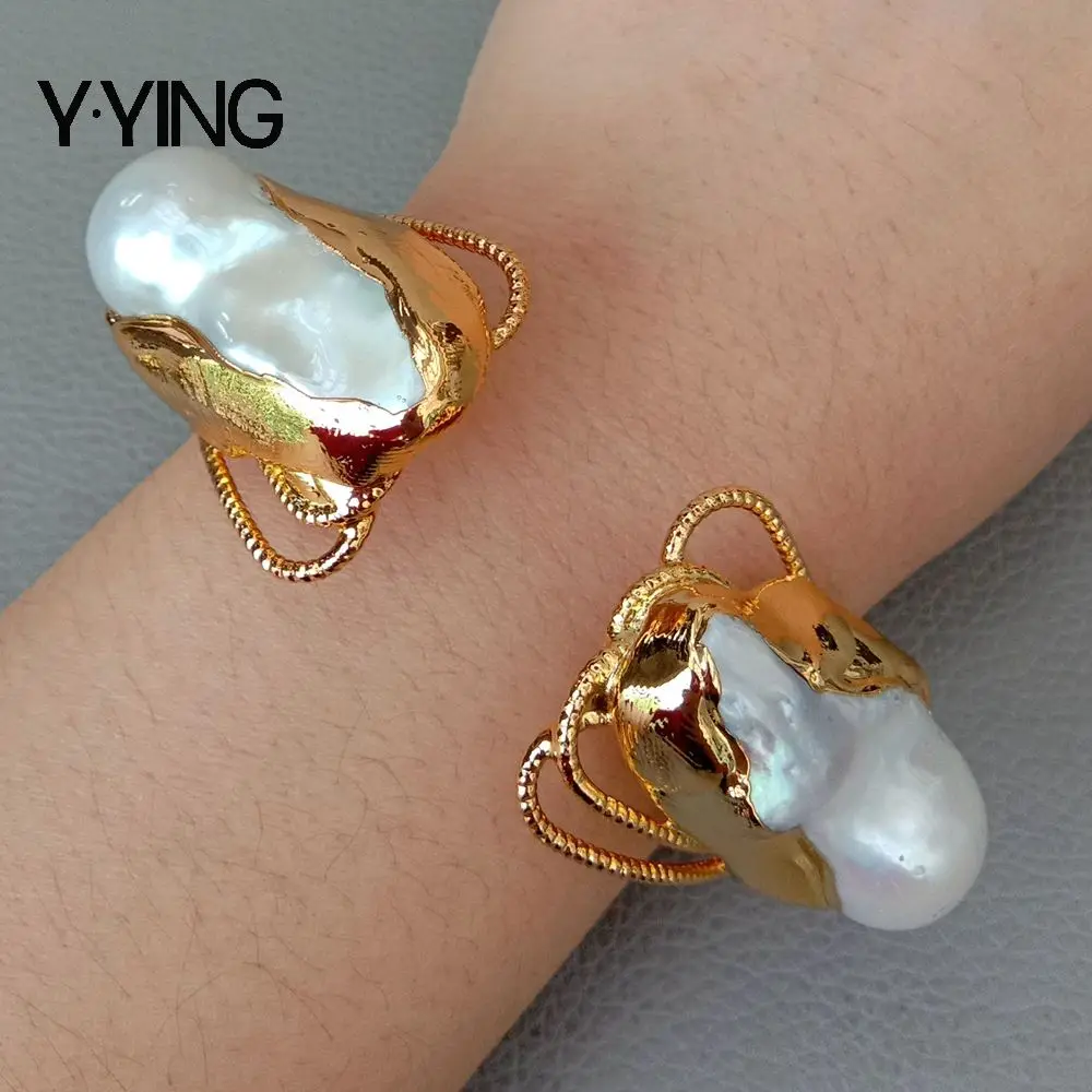 Y.YING Cultured White Keshi Pearl Bangle  Gold color Plated Bracelet