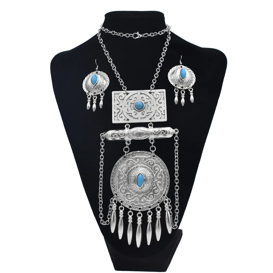 Traditional Turkish Kazakhstan Necklace Earrings Bracelet Ring for Women Vintage Silver Red Blue Acrylic Stone Eyes Jewelry Sets