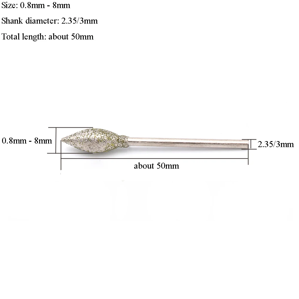 10PCS 0.8mm-8mm Olive Diamond Burr Grinding Bit 2.35/3mm for Dremel Engraving Glass