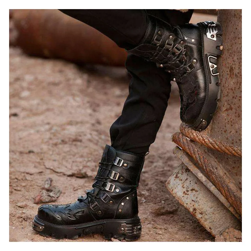 New Retro Gothic Punk Men\'s Genuine Leather Motorcycle Boots Platform Rubber Boots Warm Mid-Calf Tactical Combat Boots Fashion47