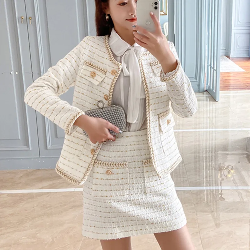 elegant Korean style tweed two piece for women Cardigan crop top and skirt set 2023 new Autumn Winter Fashion 2 piece outfit set