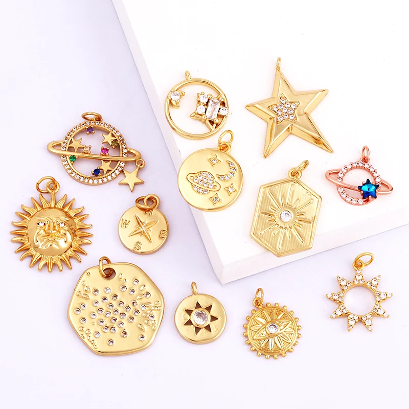 Sun Moon Star Space Celestial Compass Charm Pendant in Gold Colour , Jewelry Necklace Bracelet Making Supplies L93