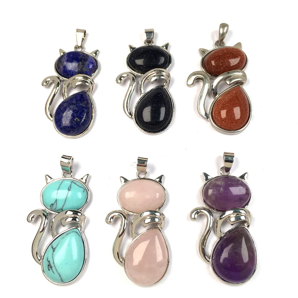 Natural Stones Cat Shape Flat Bead Pendant Cute Kitten Plated Pendants For Jewelry Making DIY Reiki Necklaces Accessories