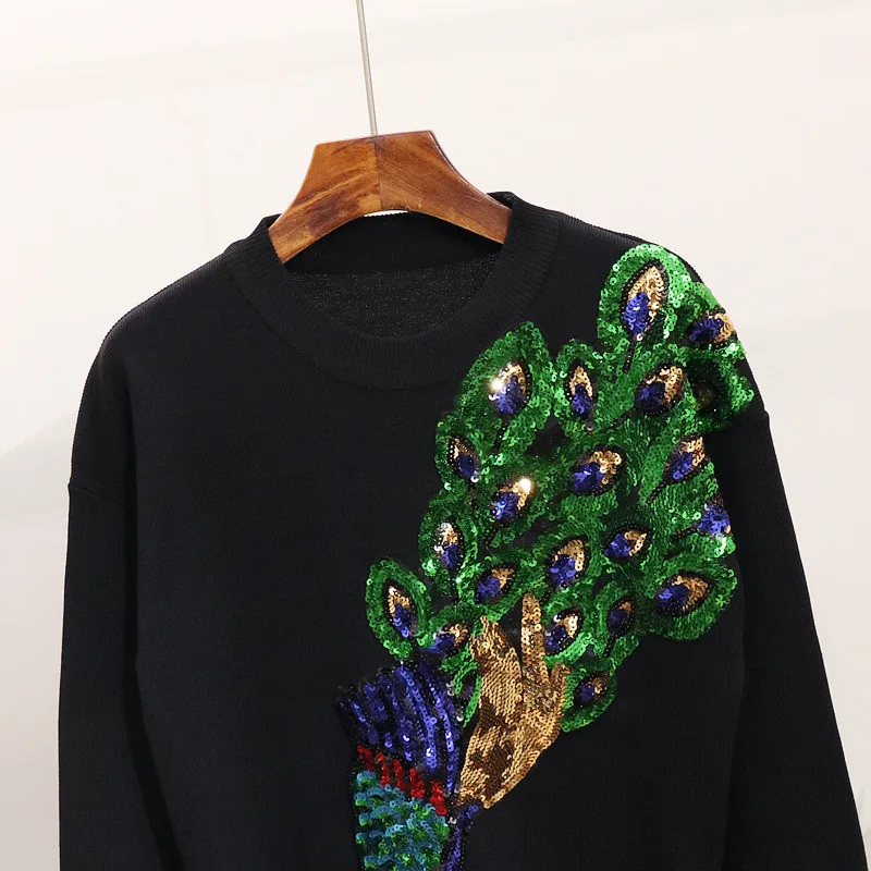 Chándal de terciopelo dorado para mujer, conjunto de dos piezas con lentejuelas de pavo real, cuello redondo, manga larga y pantalones, Moda de