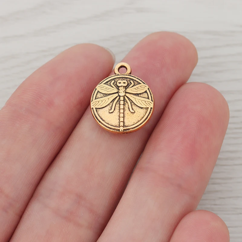 15 x Antique Gold Color Double Sided Round Dragonfly Charms Pendants For DIY Jewelry Necklace Making Findings Accessories 15mm