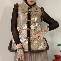 Women Fall And Winter Down Cotton Vest Rex Rabbit Fur Spliced Chinese Disc Buckle Retro Embroidery Flower Jacket M-XXL