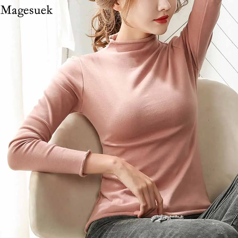 Fashion Half-high Collar Elegant Inner Bottoming Shirt Women Curled Side Autumn Pullover Long Sleeve Solid Blouse Blusas 11215