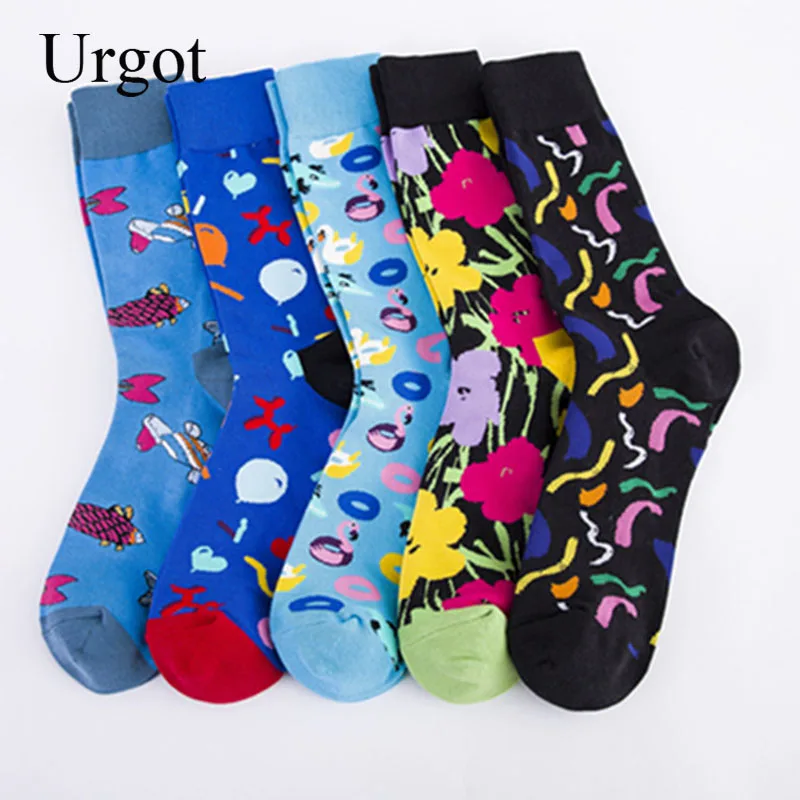 Urgot 5 Pairs Casual Men's Plus Large Size 44,45,46 Colorful Happy Socks Flower Creative Series Socks Meias Calcetines Hombre