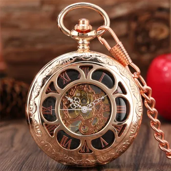 Rose Gold Hollow Flower Roman Numerals Display Mechanical Pocket Watch Exquisite Luxury Pendant Hand-winding Clock with Chain