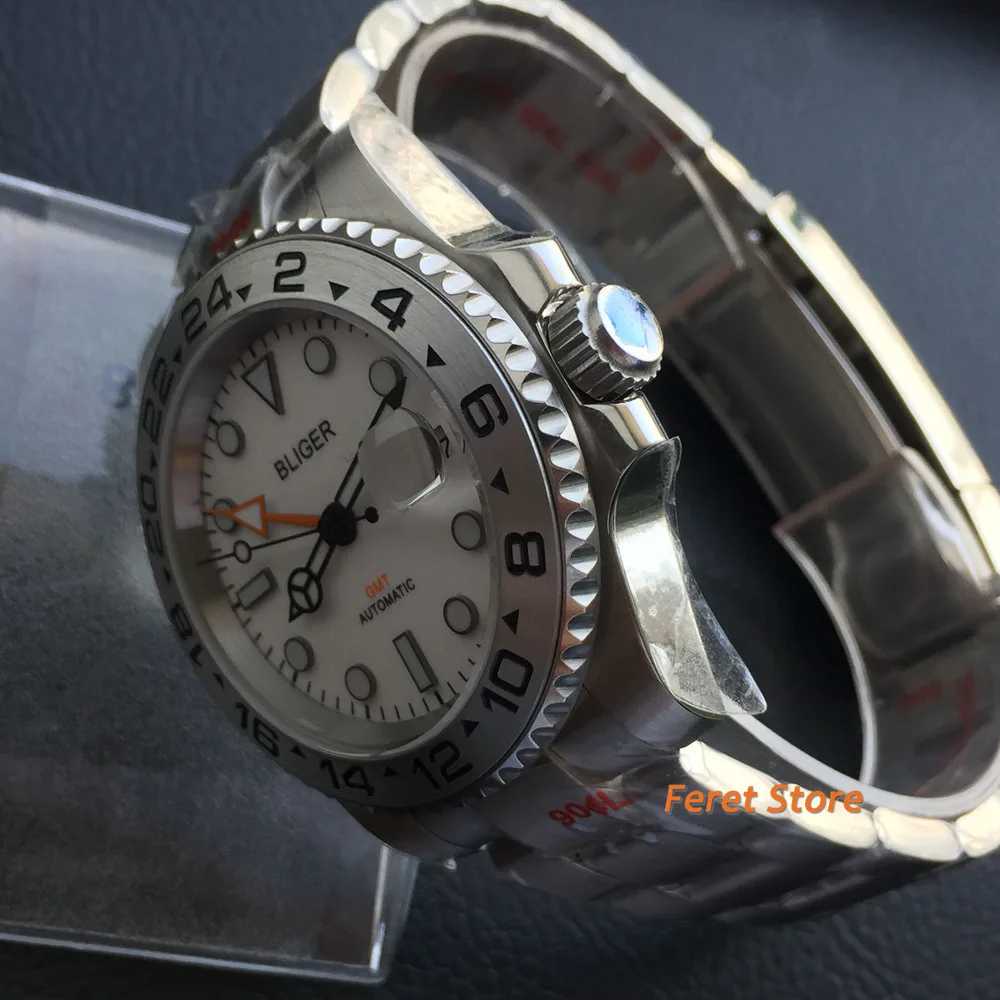 BLIGER-GMT 오토매틱 남성 시계, 40mm 화이트 오렌지, 블랙 핸드 브러시드 오이스터 밴드, 실버 인서트 플랫 사파이어 손목 시계, 신제품