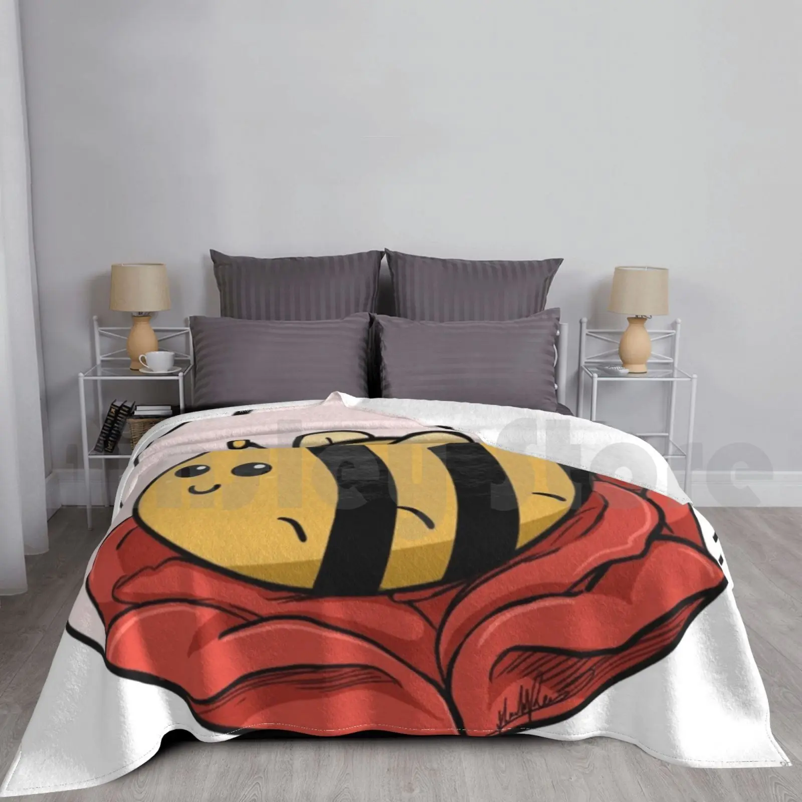 Rose Bee Blanket Fashion Custom Rose Flower Red Yellow Pollination Warm Bee Bumblebee Spring