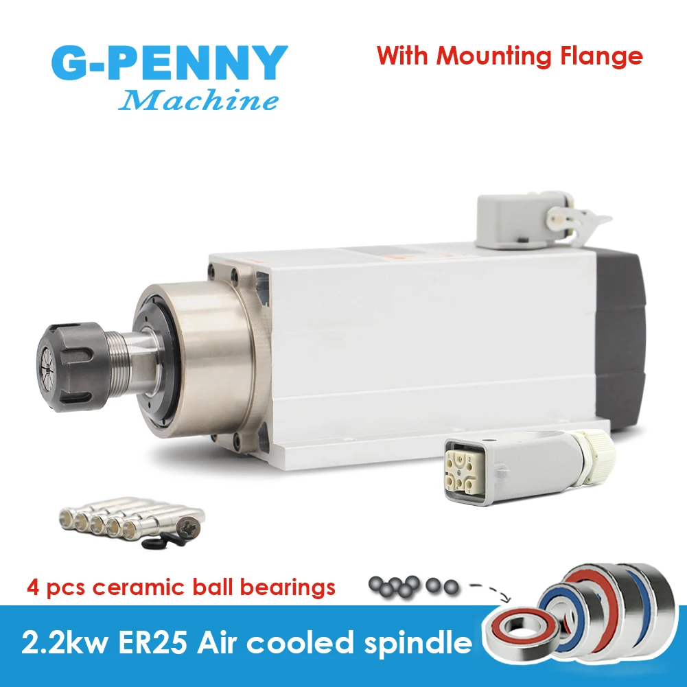 G-Penny 2.2kw ER25 Air Cooled Spindle Motor With /Without Flange CNC 220v /380v Ceramic Ball Bearings Spindle 0.01mm Accuracy