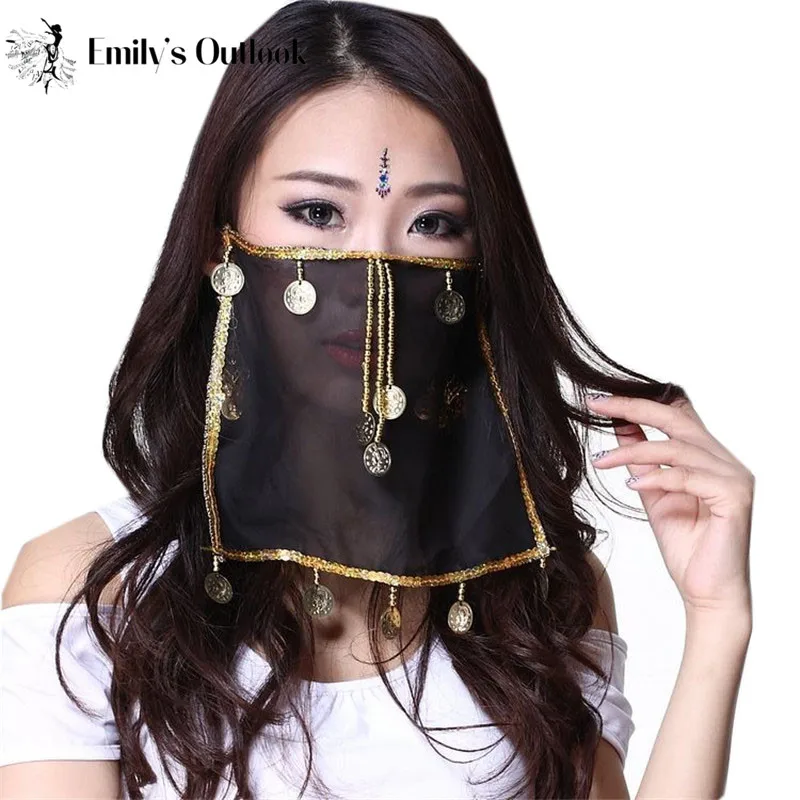 Belly Dance Tribal Face Veil With Coins Halloween Costume Accessory India Dance Bollywood Princess Veils Solid Black White Red