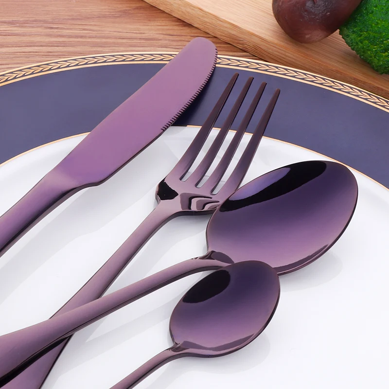 Durable Purple Stainless Steel Cutlery Set food serving Fork Knife Dessert Spoon metal Dinnerware Flatware Set for wedding party
