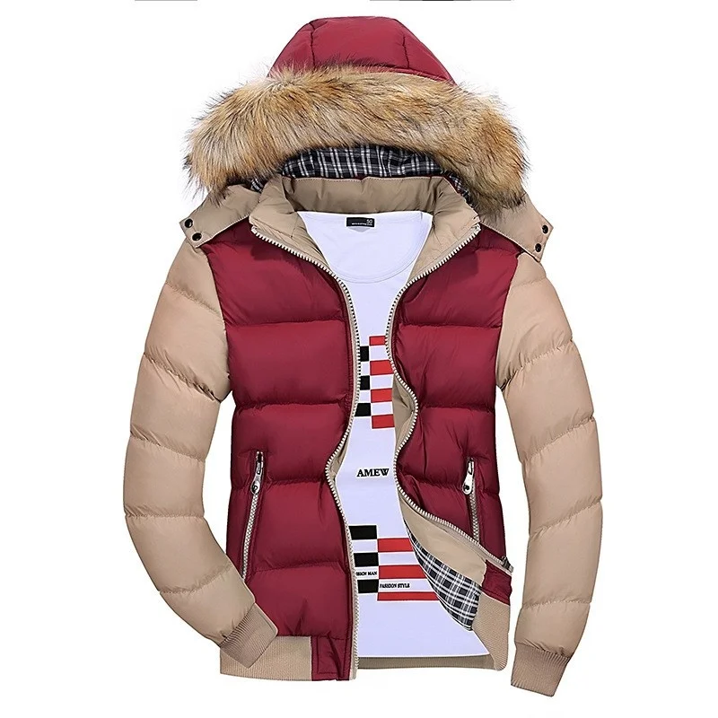 

Mens Winter Parkas Fashion Patchwork Zipper Thicken Slim Fit Hooded Overcoat Outdoor Streetwear Warm Casual Cold Jackets Male