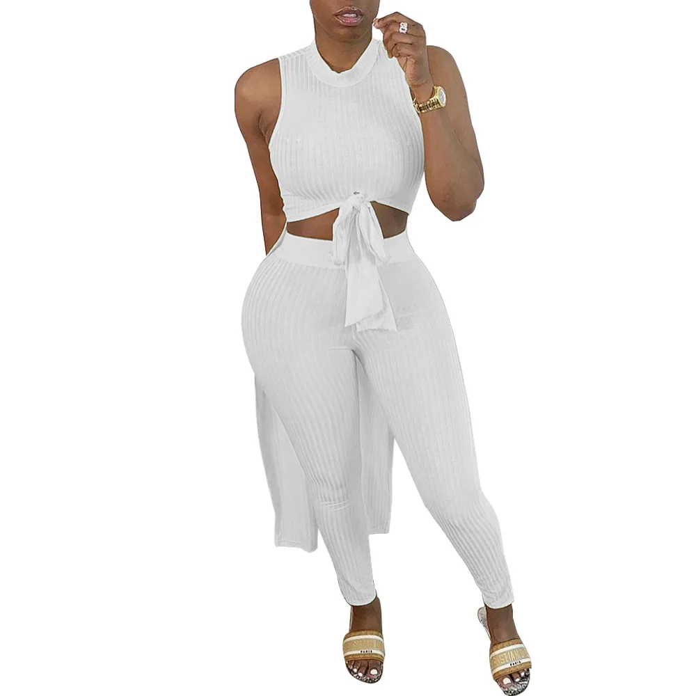 White Corset Top Bandage Women Summer Suit Sexy Round Neck Short Blouse Two-Piece Casual Party Blacktrousers Women Outfit 2021