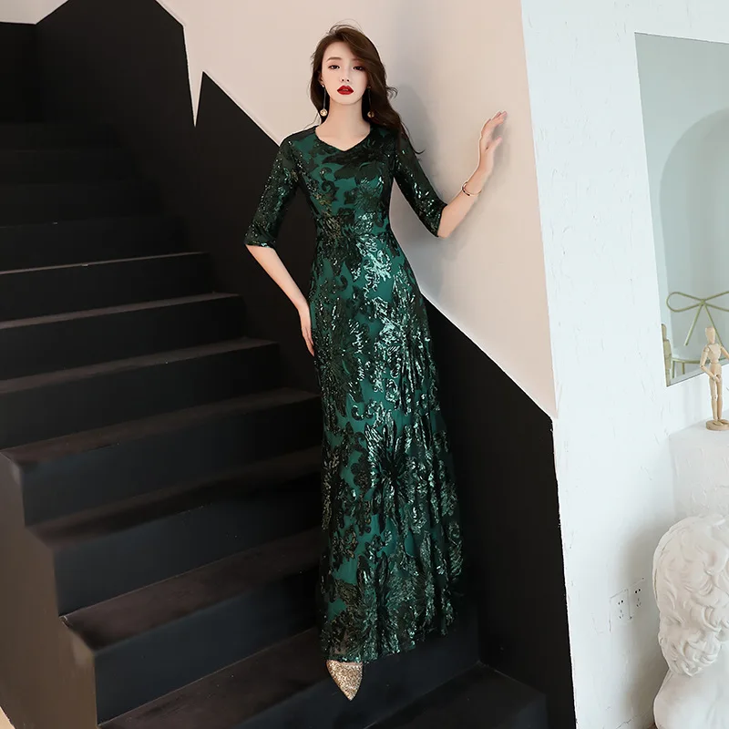 Gold Sequins Evening Party Dress Temperament Celebrity Banquet Dress Elegant Slim Prom Gown V-neck Maxi Dress Robe De Soiree 3XL