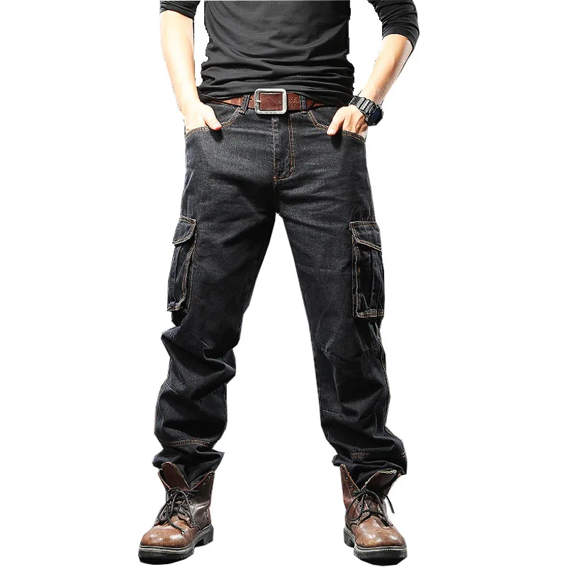 

Mcikkny Men Cargo Casual Jeans Multi-pockets Loose Straight Motorcycle Denim Trousers For Male Pants Size 29-44 Washed