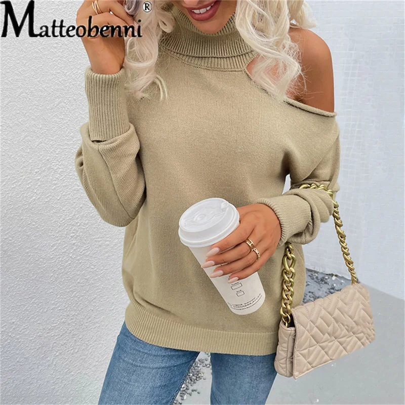 2021 Autumn Winter Womens Turtleneck Off Shoulder Pullover Knit Sweater Female Sexy Long Sleeve Casual Loose Street Jumper Tops