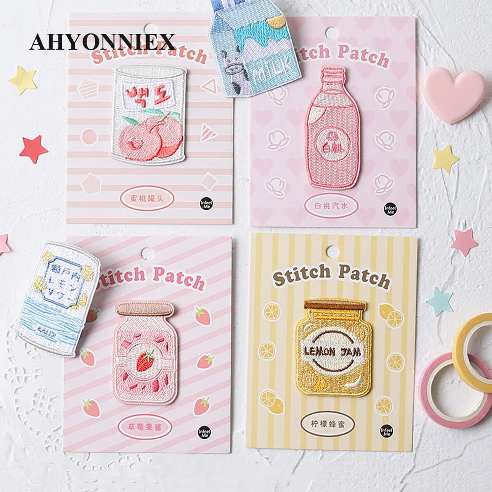 AHYONNIEX 1 Piece Embroidered Cute Milk Soda Jams Patches Clothes Bags DIY Applique Embroidery Parches Iron On Patch for Clothes