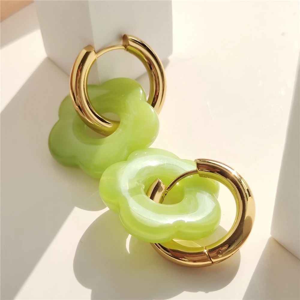 HUANZHI 2022 New Stainless Steel Circle Colorful Acrylic Resin Flower Round Hoop Earrings For Women Girls Party Travel Jewelry