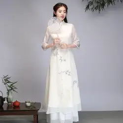 Chinese Fairy Dress Ao dai  Cheongsam Women Vintage dress Long Summer White Include Pants Print