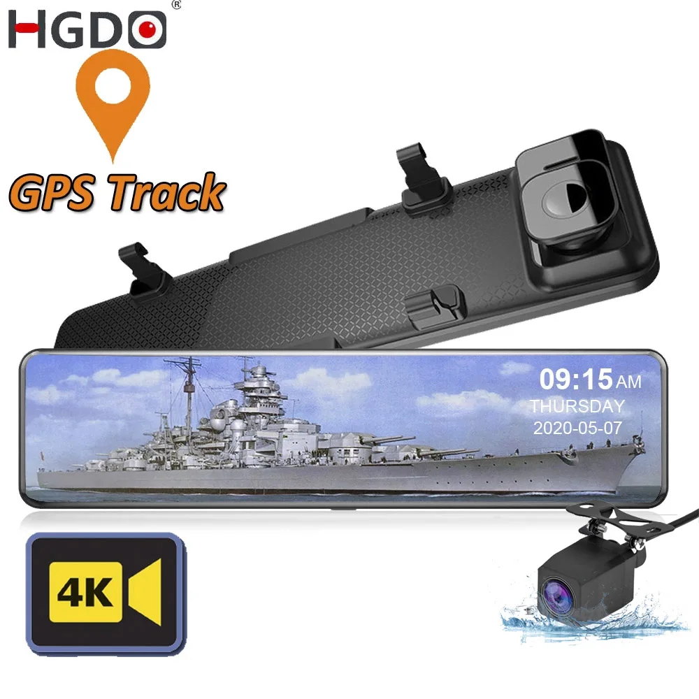 HGDO 12'' 4K Car DVR GPS Video Recorder Sony IMX415 Rear View Mirror Camera 1080P Rear Camera Dash Cam Registrar Parking Monitor