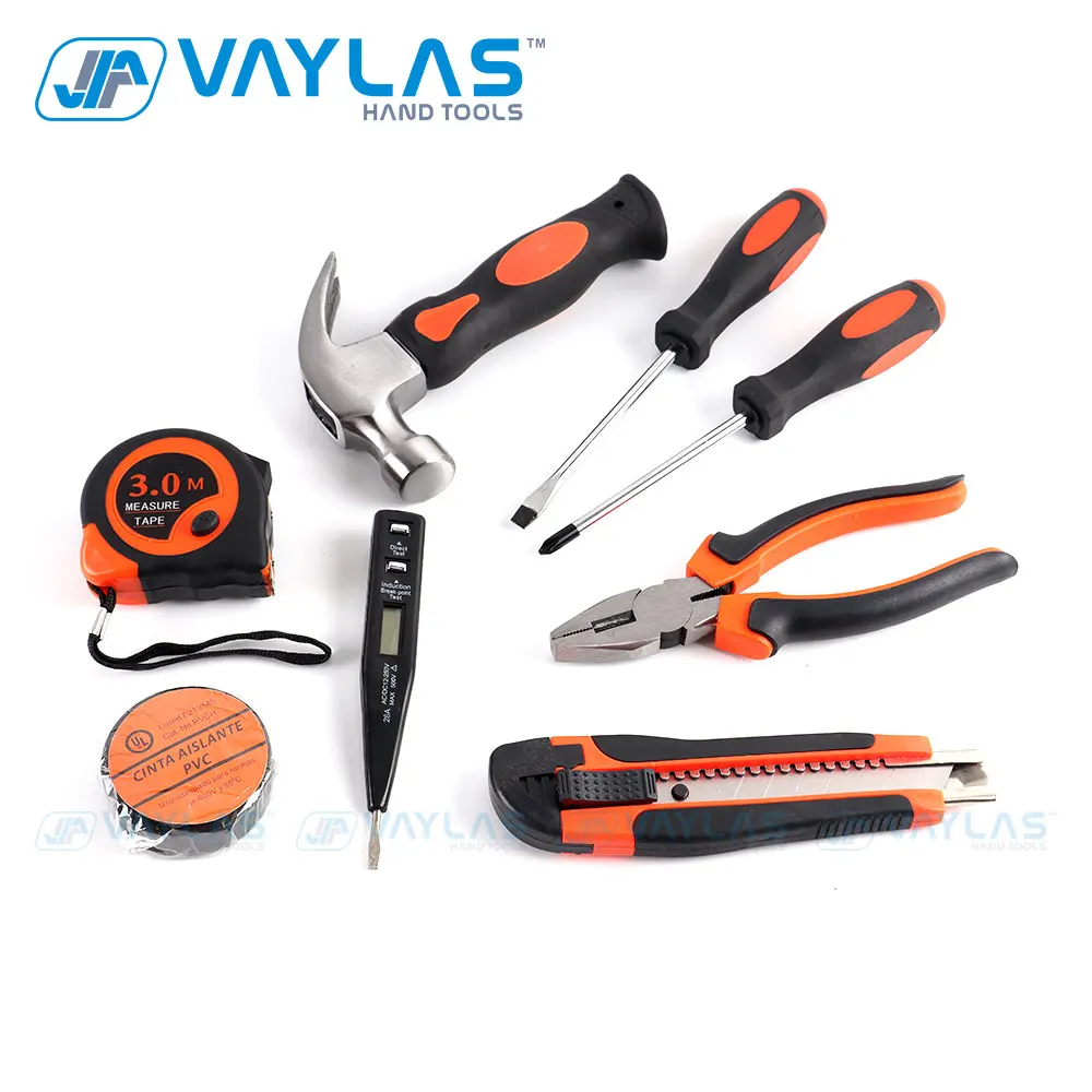 8Pcs Home Tools Set for Home Repair Household Tool Kits with Screwdriver Utility Knife Hammer Pliers Tape Blow Case