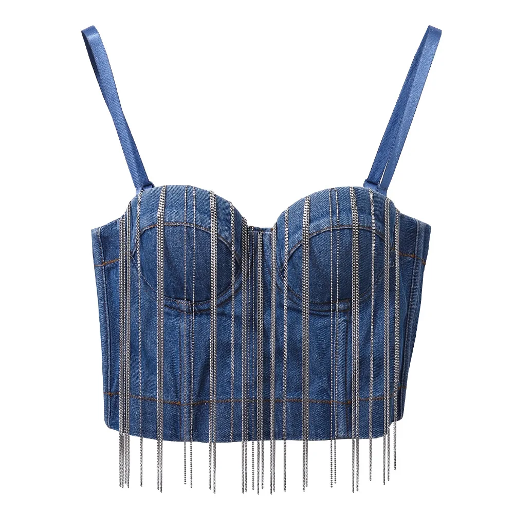 Cupnaya Tassel Fringes Women Denim Blue Crop Top Sexy Push Up Bustier Padded Corset Jeans Camisole Group Girls Dance Tube Vest