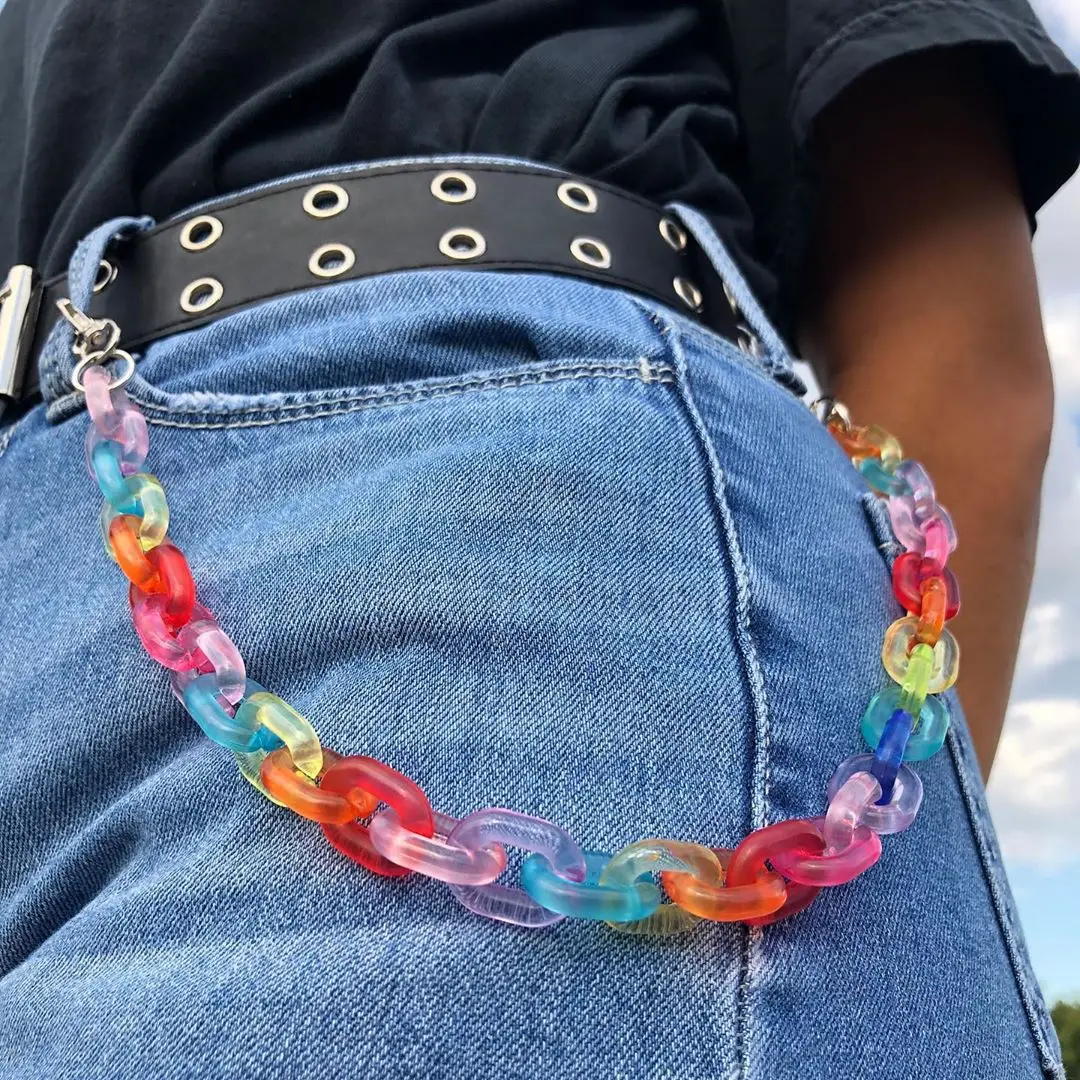 New Rainbow Color Belt Punk Hip-hop Trendy Single Layer Belt Key Chain Waist Pants Chain Jeans Long Clothing Accessories Belt