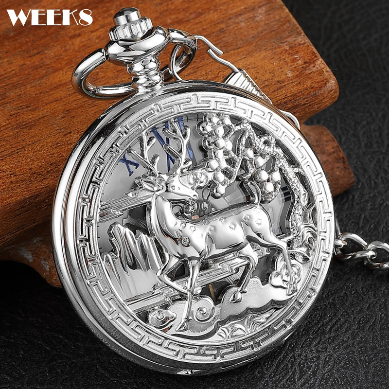 

Roman Numeral Sliver Deer Mechanical Pocket Watch Male Antique Vintage Steampunk Skeleton Luxury Engrave Fob Chain Clock for Men