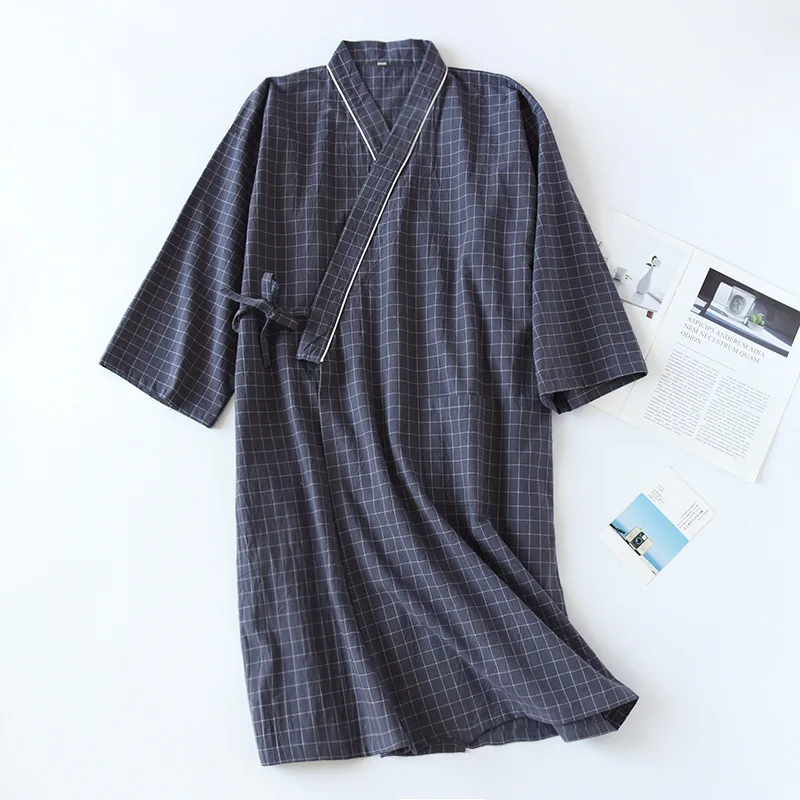 2021 Japanese-style Kimono Plaid Home Nightgown Summer 100% Cotton Thin Ladies Long Robes Men Bathrobe Robe Home Service Pajamas