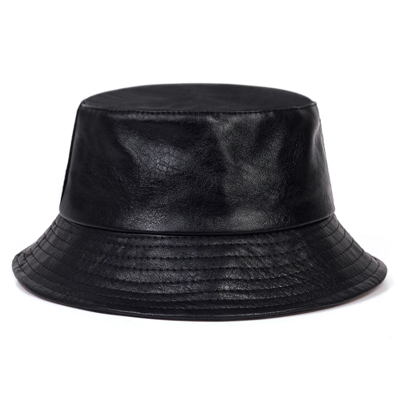 Fashion PU Bucket Hat Leather Fishing Cap Soild Foldable Hiking Hats Hip Hop Street Waterproof Panama hats for Women Men gorras