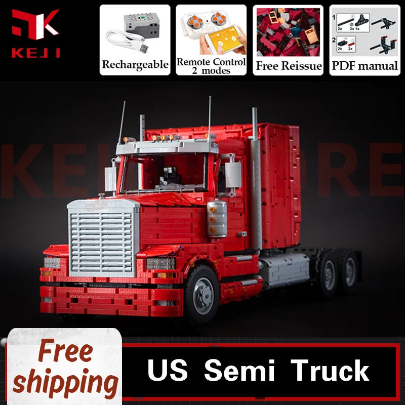 KEJI MOC-46978 US Semi Truck Tractor Container Engineering Remote Control Building Blocks Bricks Kits Toys Boy Christmas Gifts