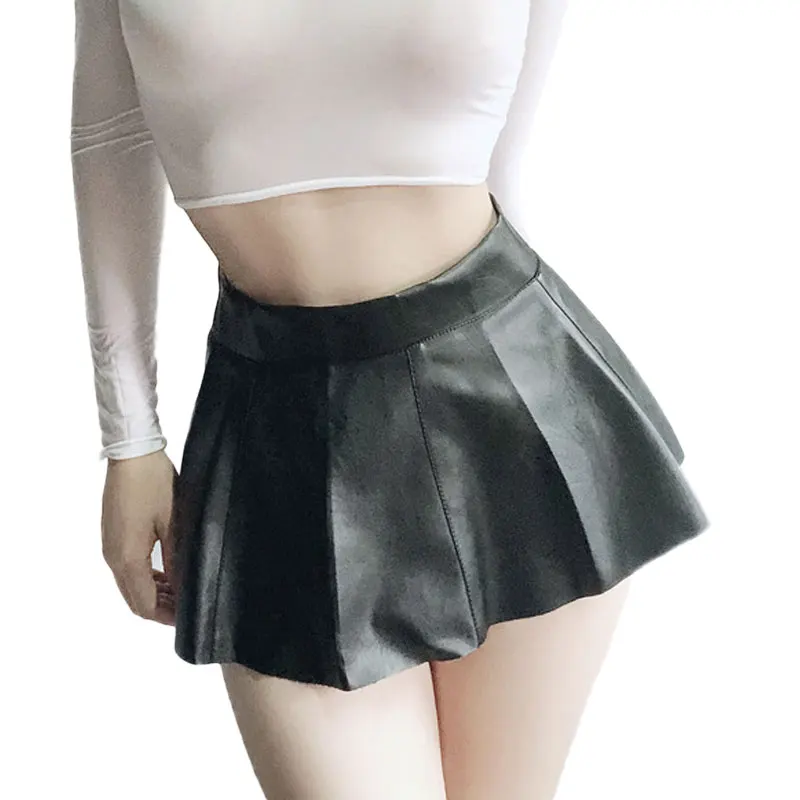 Sexy Women Zipper Open Gothic Black Pleated Skirt PU Faux Leather A-Line Ruffled MINI Skirt Club Sexy Stage Maid Wear F13
