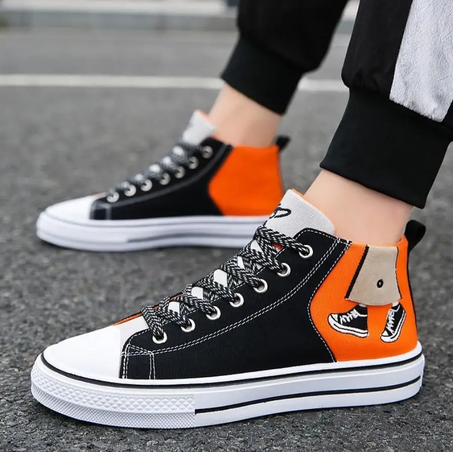 Black and Orange Men's Casual Canvas Shoes Fashion High Top Unisex Casual Sneakers Breathable Printed Flat Shoes for Couple