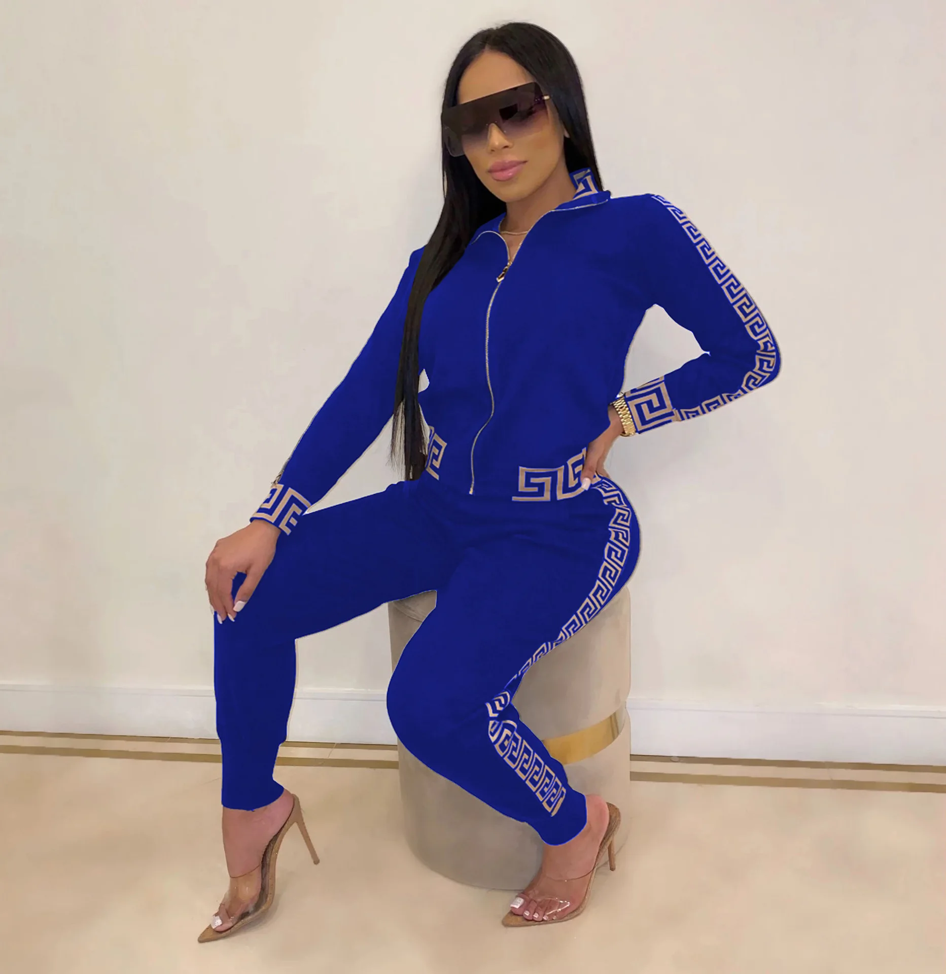 2025 y2k Tracksuit Women Elegant Two -Pieces Suit Sets Female Stylish Plus Size Greek Fret Print Coat & Pant Sets jogging femme