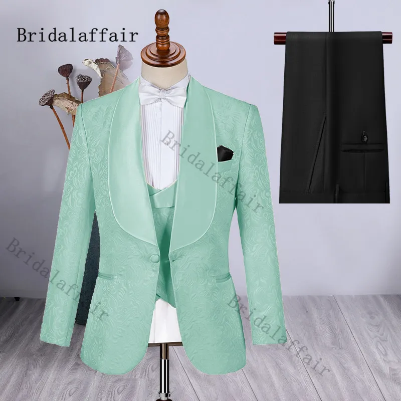 

Bridalaffair Luxury Costume Homme Mint Green Jacqaurd Tuxedos 2021 Groom Best Man Wedding Suits Party Prom Blazer Sets 3 Pieces