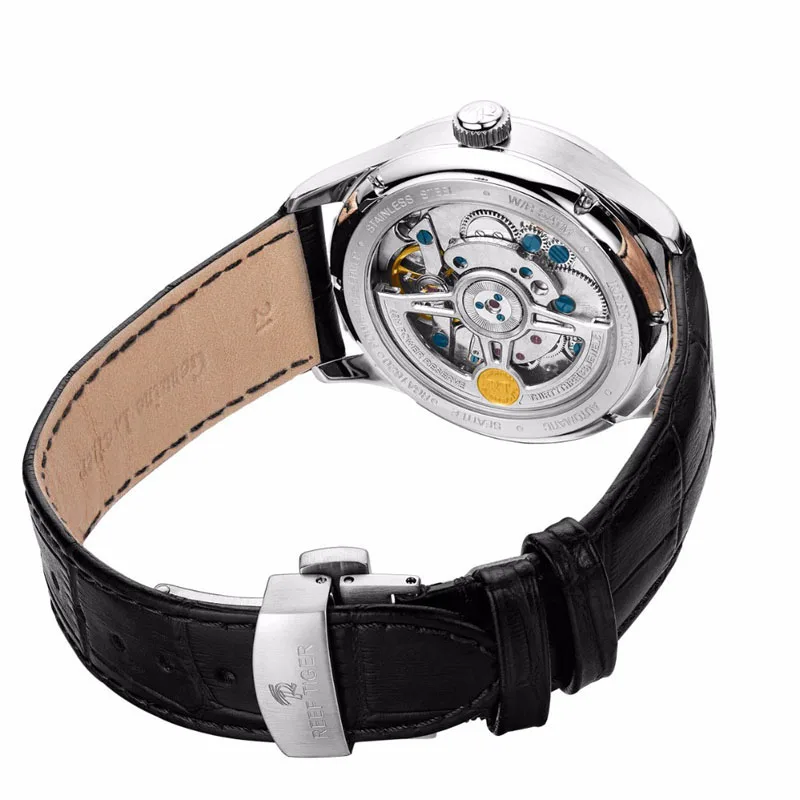 Reef Tiger Fashion Power Reserve Design Mens Relógios Casuais Data Pulseira de Couro Genuíno Relógios Mecânicos Automáticos