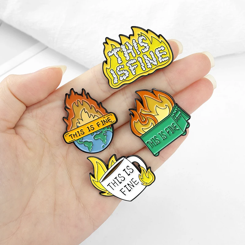 Cartoon Dog Coffee Fire Cup Enamel Pin Unique Brooches This Is Fine Lapel Pins Badge Shirt Bag Funny Animal Jewelry Gift For Fan image 3