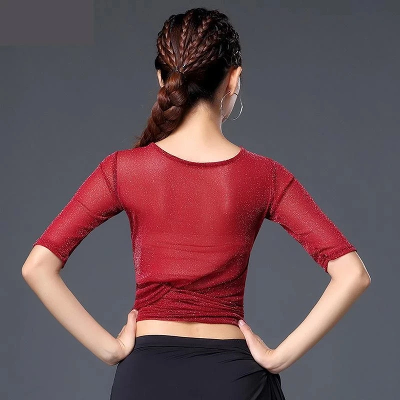 New Latin Dance Top-costume training Top For Women/female Short Sleeve Lace Up Sexy Mesh Vogue Black Lady Modern Dance Shirt