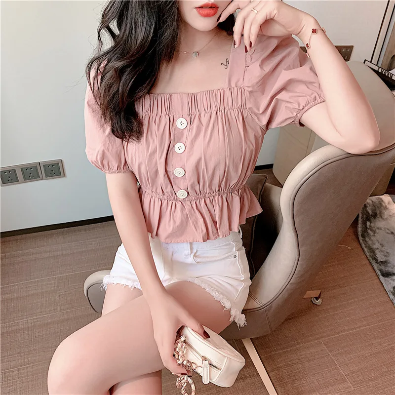 Women Summer Casual Square Neck Crop Top Short Puff Sleeve Shirt Tops Button Ruffles Yellow White Korean Fashion Clothing Blouse