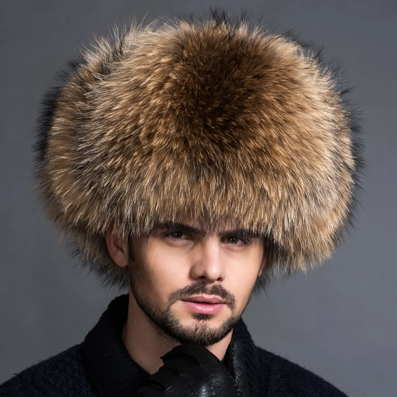 

Winter Men's Real Raccoon Fur Hat Warm Bomber Hat Real Leather Ear Warmer Caps Trapper Russian Man Thicken Ski Hats