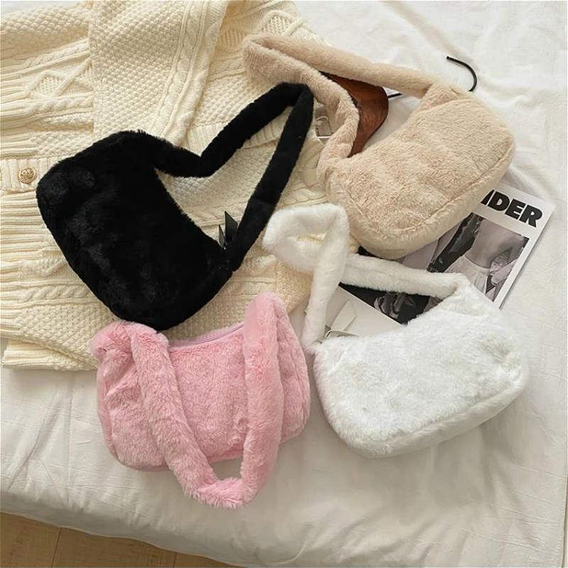 Simple Design Women Soft Plush Hobos Shoulder Bags Winter Furry Ladies Clutch Purse Handbag Fashion Female  Underarm Bag