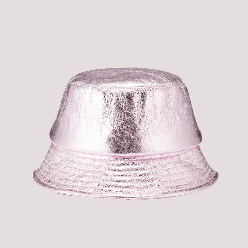 Hats For Women Bright Real Leather Burst Cracks Short Brim Fisherman Caps Femme Fashion Korean Pink Silver Golden Basin Chapeu