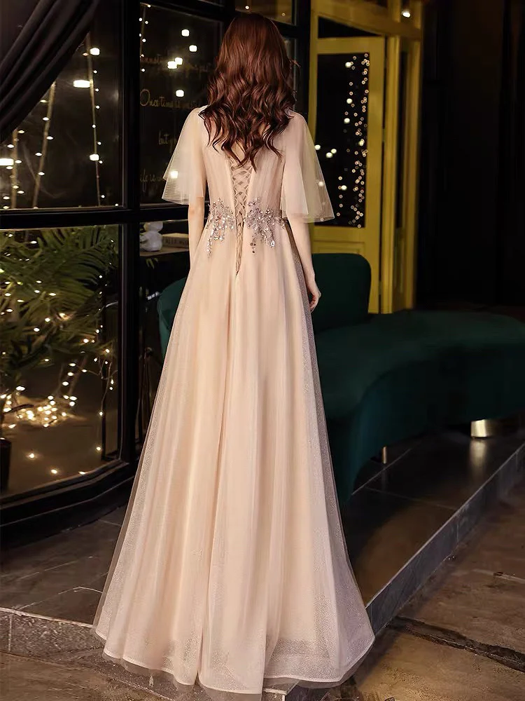 Luxury Champagne Prom Dress A Line Deep V-Neck Floor Sequined Shining Dubai Wedding Banquet Party Evening Gowns With Cap Sleeves