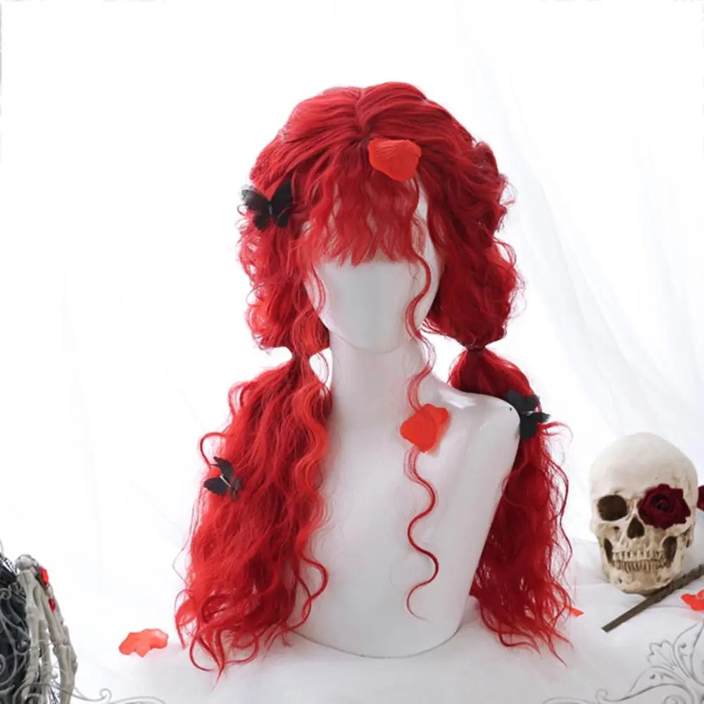 Cosplaymix Lolita 70CM Long Curly Dark Orange Red Bangs Cute Halloween Synthetic Party Cosplay Wig Wool Roll Hair+Cap