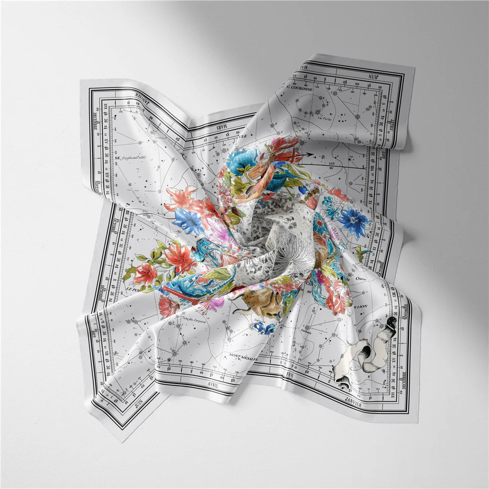 Twill Silk Scarf Woman Flowers Map Painting Square Scarves Wraps Bandana Small Hijab Silk Foulards Tie Headband Neckerchief 53CM